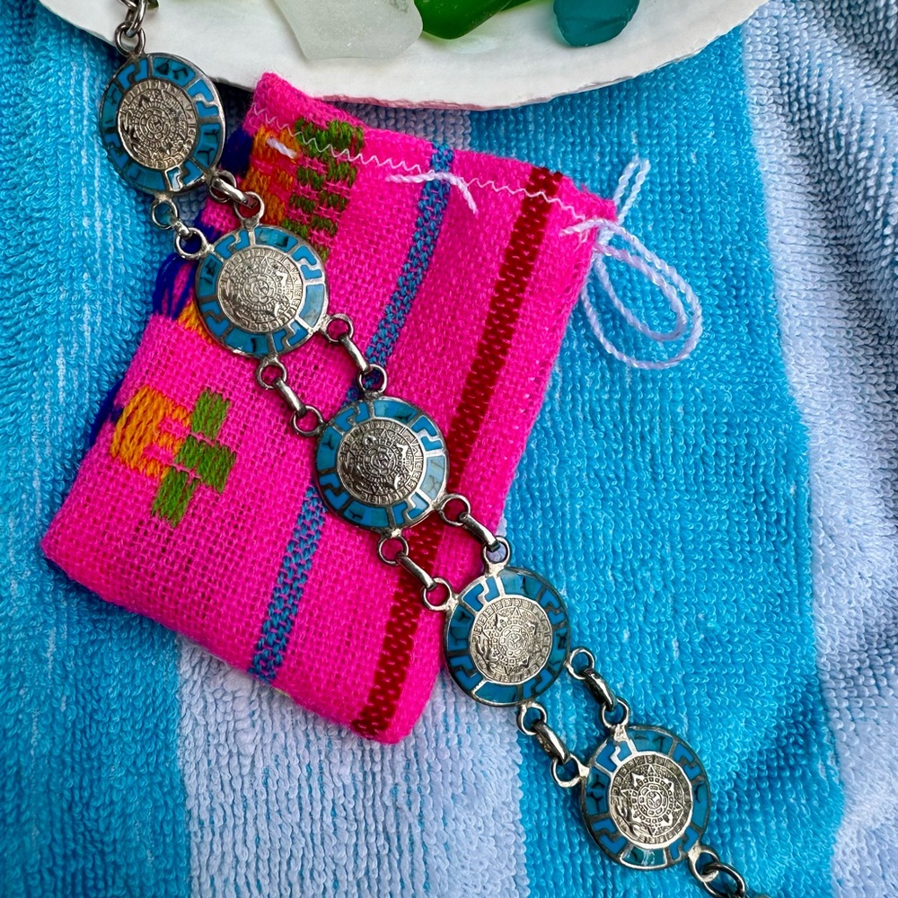 Mexican Sterling Silver Aztec Calendar Bracelet 925 Blue Enamel 8” w/ Pouch